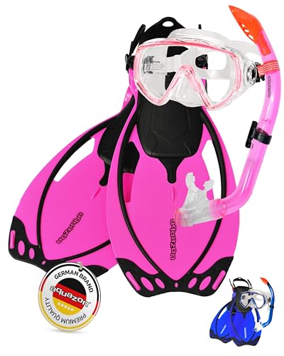 AQUAZON Miami Schnorchelset, Schwimmset, Tauchset, Taucherbrille mit Anti Fog Tempered Glas, Silkon, Semi Dry Schnorchel, verstellbare Flossen für Kinder, Farbe:pink, Größe:27/31 von aquazon