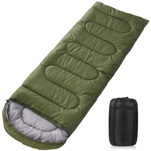 AQXONG Grüner Schlafsack, 220x85cm Wasserdichter Schlafsack mit Kompressionsbeutel, 3 Jahreszeiten Schlafsack 1.6kg, Tragbarer Schlafsack Geeignet für den Innen und Außenbereich, Tragbar und Leicht von AQXONG