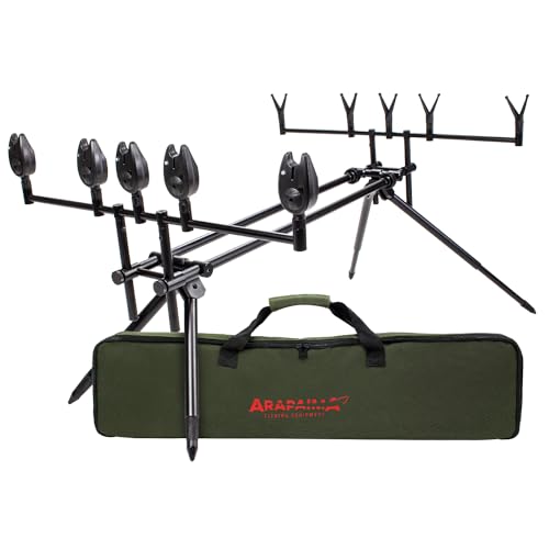 Rod Pod Set Riverbank | Angeln Rutenhalter | Aluminium Rutenauflage für 5 Angelruten | Tragetasche | V-Auflagen | Bissanzeiger - Schwarz von Arapaima Fishing Equipment