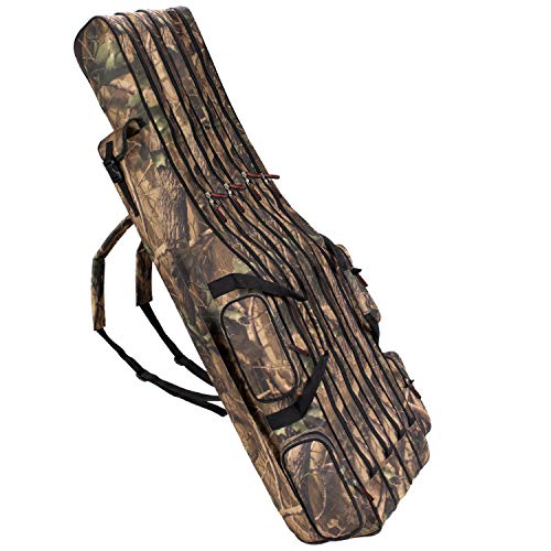 Arapaima Fishing Equipment® Rutentasche für 4, 6 oder 8 Angelruten | Angeltasche | Angelrucksack für Angelausrüstung (Camouflage 4 Innenfächer, 150 cm) von ARAPAIMA FISHING EQUIPMENT