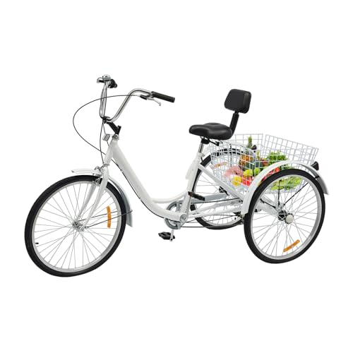ARBGO 24 Zoll Dreirad for Erwachsene, Green Travel, 6-Gang, Dreirad-Fahrrad, 3-Rad-Cruiser-Fahrrad, mit Lordosenstütze, großem Korb, Grüne Reise-Sightseeing-Tour-Werkzeuge von ARBGO