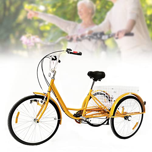 ARBGO 24 Zoll Dreirad für Erwachsene, 3-Rad-Cruiser-Fahrrad, 6 Gang Tricycle, Dreirad-Fahrrad for Erwachsene, mit Motorrad-Lampe Einkaufskorb und Reflektoren Einstellbare Geschwindigkeit Höhe (Gelb) von ARBGO