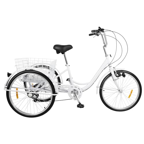 ARBGO 24 Zoll Dreirad für Erwachsene, 3-Rad-Cruiser-Fahrrad, Dreirad-Fahrrad for Erwachsene, mit Motorrad-Lampe Einkaufskorb und Reflektoren Einstellbare Geschwindigkeit Höhe, bis 120 kg, Weiß von ARBGO