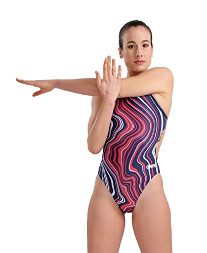 ARENA Damen Women's Swimsuit Challenge Back Marbled Badeanz ge, Navy-red Multi, 128JR EU von ARENA