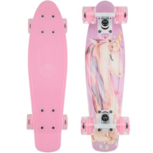 Arrow Board - 22 und 27 Zoll Skateboard, KMX Mini Cruiser Skateboard für Kinder, Jugendliche und Erwachsene, Retro Stil (22 Zoll Pink Einhorn) von ARROW BOARD