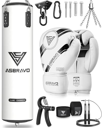 ASBRAVO Boxsack für Erwachsene, 4ft PU schweren Boxsack Set 12OZ Handschuhe für MMA Muay Thai Kickboxen Training Home Gym, Kampfsport (ungefüllt)-Weiß von ASBRAVO