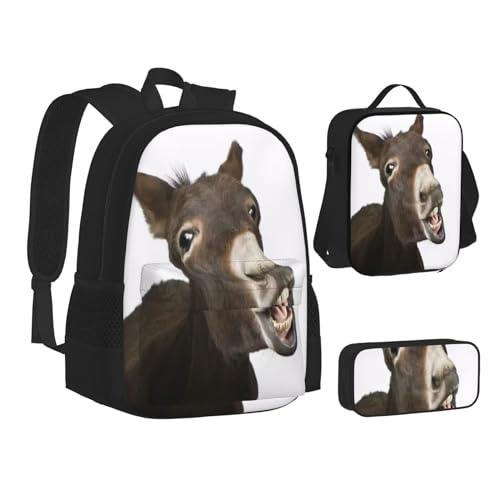 ASEELO Rucksack, Schultasche, Federmäppchen, Lunch-Tasche, Kombination, lustig, braun, Katzen-Rucksack für Mädchen und Jungen, 3 Stück, Lustiger Esel, School bag + pencil case + lunch bag combination von ASEELO