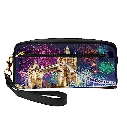 Kleine Make-up-Tasche aus Leder für Strand, Palme, Stühle, Boote, Kosmetiktasche, Geldbörse, Reise-Make-up, Reißverschlusstasche für Frauen, Night London Tower Bridge, Makeup Bag von ASEELO