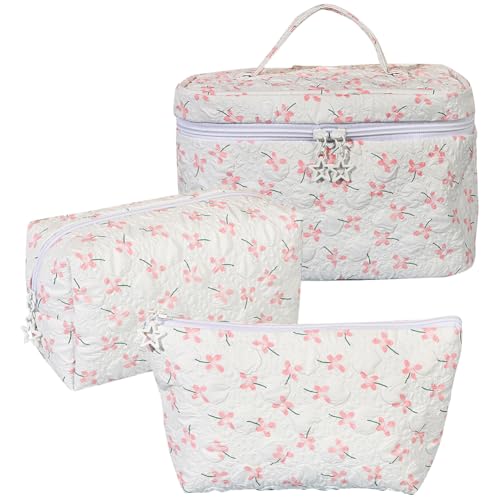 ASIEIT 3-teiliges Make-up-Taschen-Set mit Blumenmuster, Gesteppte Make-up-Tasche, großes Fassungsvermögen, Kosmetik-Organizer aus Baumwolle, ästhetische Reise-Kulturtasche für Frauen und Mäd von ASIEIT