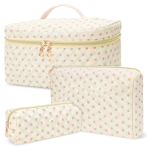 ASIEIT Damen-Make-up-Tasche, gesteppt, Baumwolle, 3-teilig, Blumenmuster, Kosmetiktasche, Reise-Kosmetiktasche, Kosmetiktasche for Reisen, Einkaufen (C) von ASIEIT