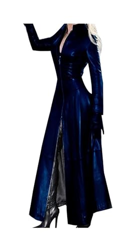 ASIYAN Damen Kunstleder Jacke Langarm Knopfleiste Oversized Reverskragen PU Leder Mantel Vintage Oberbekleidung Lederjacke Kunstlederjacke (Color : Dark Blue, Size : L) von ASIYAN