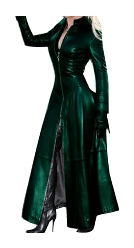 ASIYAN Damen Kunstleder Jacke Langarm Knopfleiste Oversized Reverskragen PU Leder Mantel Vintage Oberbekleidung Lederjacke Kunstlederjacke (Color : Deep Green, Size : 5XL) von ASIYAN