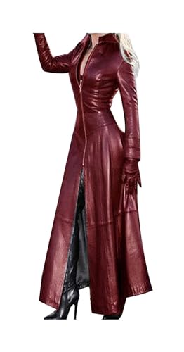 ASIYAN Damen Kunstleder Jacke Langarm Knopfleiste Oversized Reverskragen PU Leder Mantel Vintage Oberbekleidung Lederjacke Kunstlederjacke (Color : Wine red, Size : M) von ASIYAN