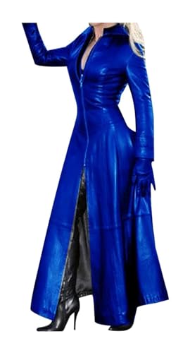 ASIYAN Damen Leder Langarm Jacke Kleid Voller Reißverschluss Leder Lange Jacke Mäntel Mode Reverskragen Outwear Lederjacke Kunstlederjacke (Color : Blue, Size : 4XL) von ASIYAN