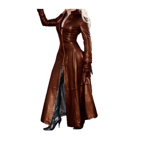 ASIYAN PU Leder Mantel Lange Jacke Damen Elegante Slim Fit Stil Female Kunstlederjacke Reißverschluss Lederjacke Kunstlederjacke (Color : Brown, Size : 4XL) von ASIYAN