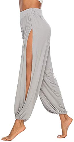 ASKSA Damen Hochschlitzige Haremshose Frauen Hippie Split Sport Hose Fitness Stretchhose Loose Fit Yogahose Sporthose (Grau,XXL) von ASKSA