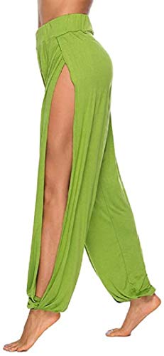 ASKSA Damen Hochschlitzige Haremshose Frauen Hippie Split Sport Hose Fitness Stretchhose Loose Fit Yogahose Sporthose (Grün,L) von ASKSA