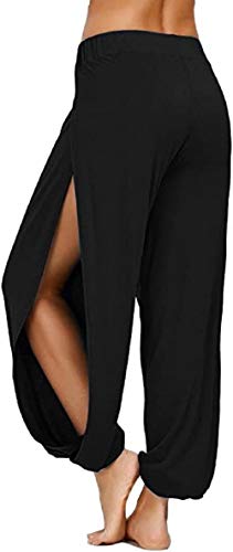 ASKSA Damen Hochschlitzige Haremshose Frauen Hippie Split Sport Hose Fitness Stretchhose Loose Fit Yogahose Sporthose (Schwarz,M) von ASKSA