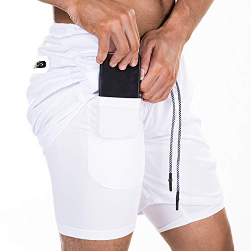 ASKSA Herren 2 in 1 Shorts Laufshorts Dual Kurze Sporthose Männer Fitness Laufhose Sport Hosen Trainingshose(Weiß,M) von ASKSA