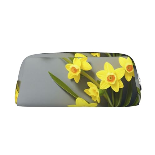 ASPOIJHN Vielseitiges Leder-Federmäppchen mit Narzissen-Blumen, stilvolle Aufbewahrungstasche für Schule, Büro, Schreibwaren, Kosmetiktasche, Münzen-Organizer, silber, Einheitsgröße, Krawattenetui von ASPOIJHN