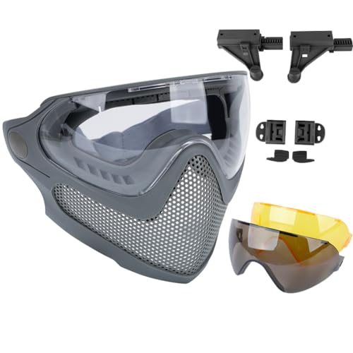 ATAIRSOFT Airsoft Maske 2 Modi Taktische Sicherheit Schutz Vollmaske Antibeschlagbrille Set mit 3 Wechselobjektiven Gray von ATAIRSOFT