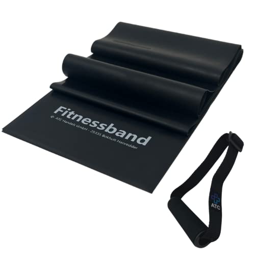 ATC Handels GmbH Fitnessband 1,5m, 2,5m, 5,5m oder 25m x 15,5cm inkl. 1 Paar Haltegriffe - Widerstandsband, Gymnastikband, Trainingsband, Sportband, Muskelaufbau, Krafttraining und Yoga, 25m schwarz von ATC Handels GmbH