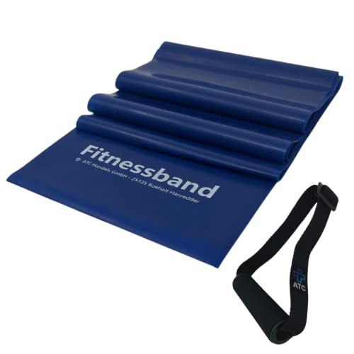 ATC Handels GmbH Fitnessband 1,5m, 2,5m, 5,5m oder 25m x 15,5cm inkl. 1 Paar Haltegriffe - Widerstandsband, Gymnastikband, Trainingsband, Sportband, Muskelaufbau, Krafttraining und Yoga, 5,5m blau von ATC Handels GmbH