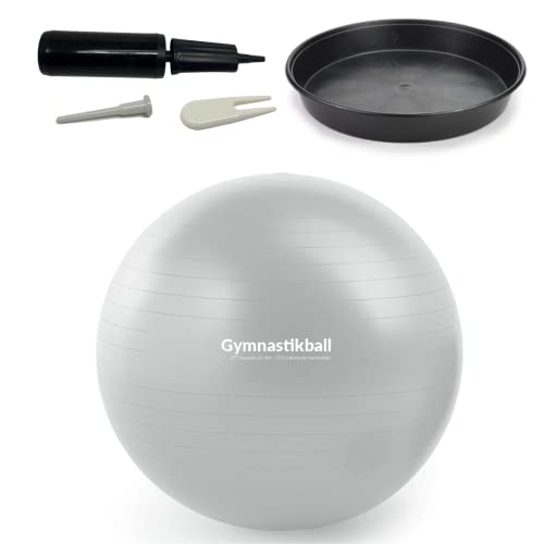 ATC Handels GmbH Gymnastikball Set Ø 45, 55, 65 & 75cm inkl. Stopperschale, Ballpumpe, Ventilöffner und Maßband - Fitness, Therapie und als Sitzball fürs Büro, 55cm, Silber von ATC Handels GmbH