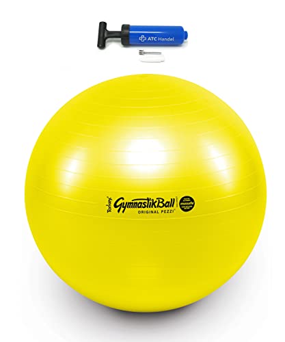 Original Pezzi Gymnastikball Maxafe Ø 42, 53, 65 & 75cm in Allen Farben inkl. ATC Ballpumpe - bis 400 kg belastbar - Fitness, Reha, Therapie, Gymnastik und als Sitzball fürs Büro, 75cm gelb von ATC Handels GmbH