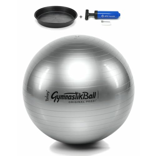 Original Pezzi Gymnastikball Standard Ø 42, 53, 65 & 75 cm in Allen Farben inkl. Ballschale und ATC Ballpumpe – Bis 400 kg belastbar – Fitness, Reha, Therapie, Gymnastik & Sitzball (Silber, 42cm) von ATC Handels GmbH