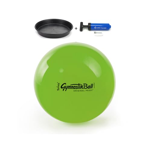 Original Pezzi Gymnastikball Standard Ø 42, 53, 65 & 75 cm in Allen Farben inkl. Ballschale und ATC Ballpumpe – Bis 400 kg belastbar – Fitness, Reha, Therapie, Gymnastik & Sitzball (apfelgrün, 42cm) von ATC Handels GmbH