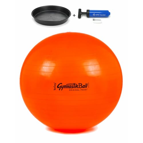 Original Pezzi Gymnastikball Standard Ø 42, 53, 65 & 75 cm in Allen Farben inkl. Ballschale und ATC Ballpumpe – Bis 400 kg belastbar – Fitness, Reha, Therapie, Gymnastik & Sitzball (orange, 53cm) von ATC Handels GmbH