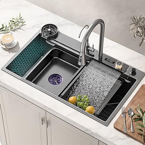 ATHUAH Wasserfall Arbeitsplatte, Flying Rain 304 Edelstahl Nano Family Sink Kit mit ausziehbarem Wasserhahn, Becherwaschmaschine, Wasseraufbereitungsarmatur, Workstation Single Waschbecken mit Zubehör von ATHUAH