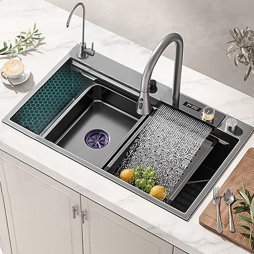 ATHUAH Wasserfall Arbeitsplatte, Flying Rain 304 Edelstahl Nano Family Sink Kit mit ausziehbarem Wasserhahn, Becherwaschmaschine, Wasseraufbereitungsarmatur, Workstation Single Waschbecken mit Zubehör von ATHUAH