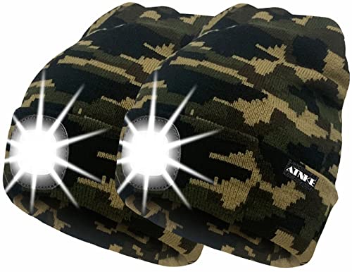 ATNKE 2Pcs Neue Warme LED beleuchtete Mütze,Unisex USB wiederaufladbare Laufmütze Ultra Bright 4 LED wasserdichte Lichtlampe Mehrfarbig/Camouflage Green von ATNKE