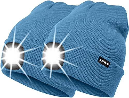 ATNKE 2Pcs Neue Warme LED beleuchtete Mütze,Unisex USB wiederaufladbare Laufmütze Ultra Bright 4 LED wasserdichte Lichtlampe Mehrfarbig (Blauer See, Einheitsgröße) von ATNKE