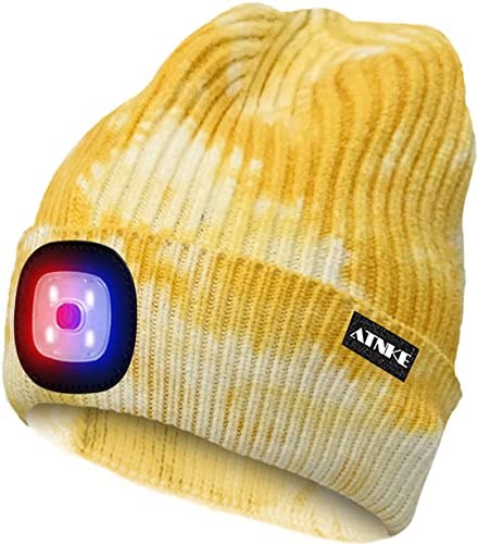 ATNKE LED Beleuchtete Mütze,Wiederaufladbare USB 4 LED Rot und Blau Leuchten Blinkender Laufmütze mit Licht Extrem Heller Lampe Winter Warme für Herren und Damen Geschenke/Tie Dye Yellow von ATNKE