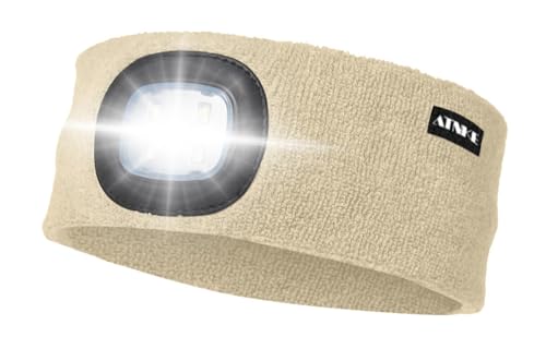 ATNKE LED Beleuchtetes Stirnband, Wiederaufladbare USB Lauf Stirnbänder mit Licht Extrem Heller 4 LED Lampe Winter Warme Stirnlampe für Herren und Damen Geschenke/Beige von ATNKE