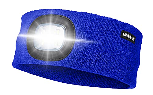 ATNKE LED Beleuchtetes Stirnband, Wiederaufladbare USB Lauf Stirnbänder mit Licht Extrem Heller 4 LED Lampe Winter Warme Stirnlampe für Herren und Damen Geschenke/Blue von ATNKE