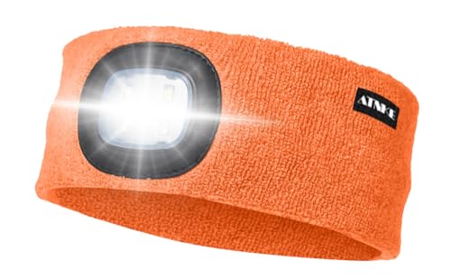 ATNKE LED Beleuchtetes Stirnband, Wiederaufladbare USB Lauf Stirnbänder mit Licht Extrem Heller 4 LED Lampe Winter Warme Stirnlampe für Herren und Damen Geschenke/Bright Orange von ATNKE
