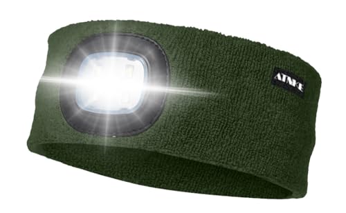ATNKE LED Beleuchtetes Stirnband, Wiederaufladbare USB Lauf Stirnbänder mit Licht Extrem Heller 4 LED Lampe Winter Warme Stirnlampe für Herren und Damen Geschenke/Dark Army Green von ATNKE
