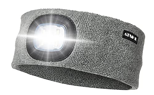 ATNKE LED Beleuchtetes Stirnband, Wiederaufladbare USB Lauf Stirnbänder mit Licht Extrem Heller 4 LED Lampe Winter Warme Stirnlampe für Herren und Damen Geschenke/Grau von ATNKE