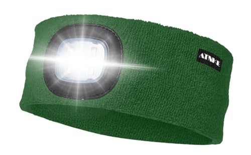 ATNKE LED Beleuchtetes Stirnband, Wiederaufladbare USB Lauf Stirnbänder mit Licht Extrem Heller 4 LED Lampe Winter Warme Stirnlampe für Herren und Damen Geschenke/Green von ATNKE