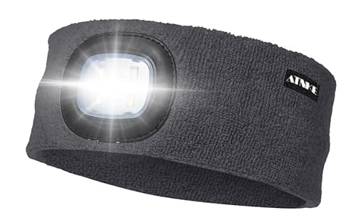 ATNKE LED Beleuchtetes Stirnband, Wiederaufladbare USB Lauf Stirnbänder mit Licht Extrem Heller 4 LED Lampe Winter Warme Stirnlampe für Herren und Damen Geschenke/Gun Gray von ATNKE