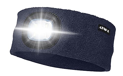 ATNKE LED Beleuchtetes Stirnband, Wiederaufladbare USB Lauf Stirnbänder mit Licht Extrem Heller 4 LED Lampe Winter Warme Stirnlampe für Herren und Damen Geschenke/Navy von ATNKE