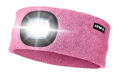 ATNKE LED Beleuchtetes Stirnband, Wiederaufladbare USB Lauf Stirnbänder mit Licht Extrem Heller 4 LED Lampe Winter Warme Stirnlampe für Herren und Damen Geschenke/Pink von ATNKE