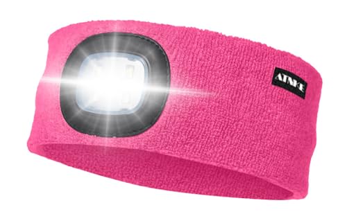 ATNKE LED Beleuchtetes Stirnband, Wiederaufladbare USB Lauf Stirnbänder mit Licht Extrem Heller 4 LED Lampe Winter Warme Stirnlampe für Herren und Damen Geschenke/Rose Red von ATNKE