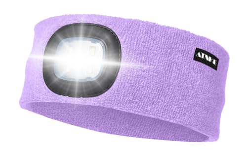ATNKE LED Beleuchtetes Stirnband, Wiederaufladbare USB Lauf Stirnbänder mit Licht Extrem Heller 4 LED Lampe Winter Warme Stirnlampe für Herren und Damen Geschenke/Taro Purple von ATNKE