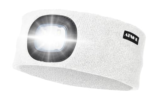 ATNKE LED Beleuchtetes Stirnband, Wiederaufladbare USB Lauf Stirnbänder mit Licht Extrem Heller 4 LED Lampe Winter Warme Stirnlampe für Herren und Damen Geschenke/White von ATNKE