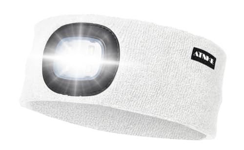 ATNKE LED Beleuchtetes Stirnband, Wiederaufladbare USB Lauf Stirnbänder mit Licht Extrem Heller 4 LED Lampe Winter Warme Stirnlampe für Herren und Damen Geschenke/White ATNKE LED Beleuchtetes Stirnband, Wiederaufladbare USB Lauf Stirnbänder mit Licht Extrem Heller 4 LED Lampe Winter Warme Stirnlampe für Herren und Damen Geschenke/White von ATNKE